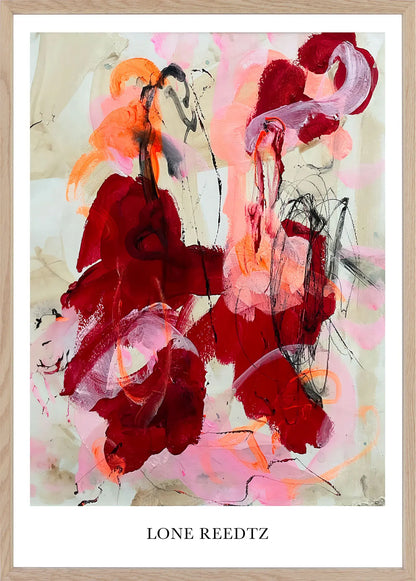 Hearts without borders – Abstrakt kunsttryk af Lone Reedtz by Lone Reedtz , Abstrakt ekspressiv kunstplakat 60 x 42 cm (A2) Kunsttryk + Ramme