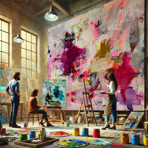 Illustration med en kunstner og to kunder som repræsenterer skabelsen af et personligt maleri af Lone Reedtz