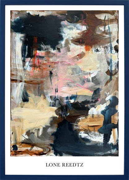 Abstrakt kunstplakat, 62x44 cm, "Simple life" - Limited Edition by Lone Reedtz , Abstrakt ekspressiv kunstplakat Mørkeblå træramme
