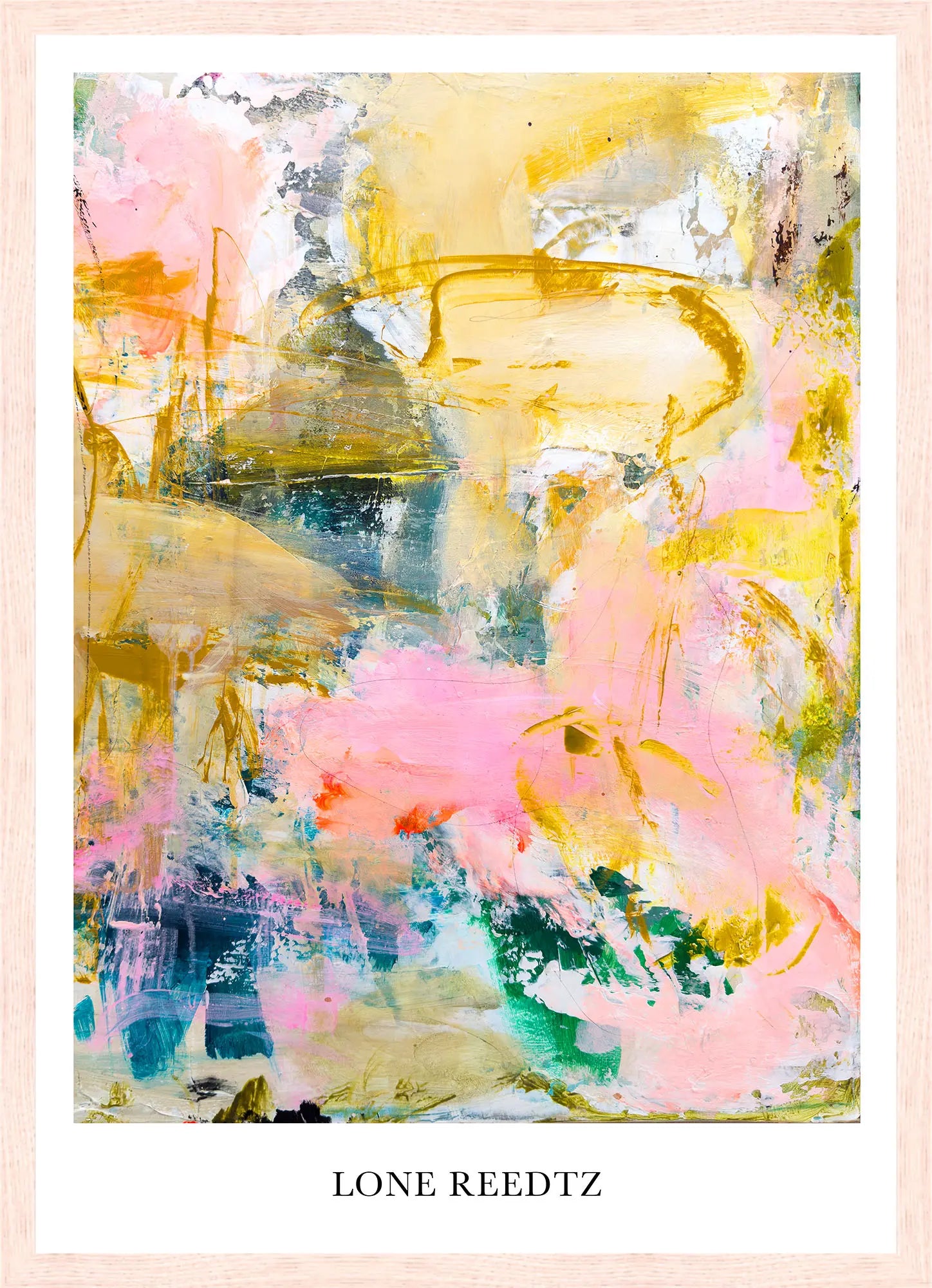 Stille sol – Abstrakt kunsttryk af Lone Reedtz by Lone Reedtz , Abstrakt ekspressiv kunstplakat 42 x 30 cm (A3) Kunsttryk + Ramme