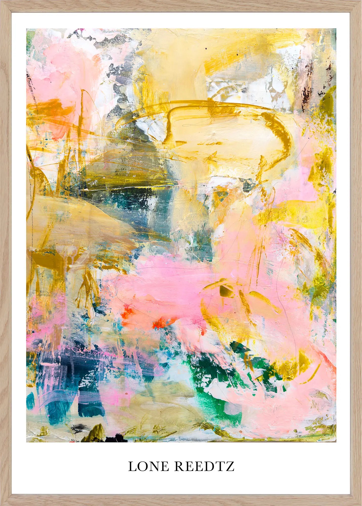 Stille sol – Abstrakt kunsttryk af Lone Reedtz by Lone Reedtz , Abstrakt ekspressiv kunstplakat 60 x 42 cm (A2) Kunsttryk + Ramme