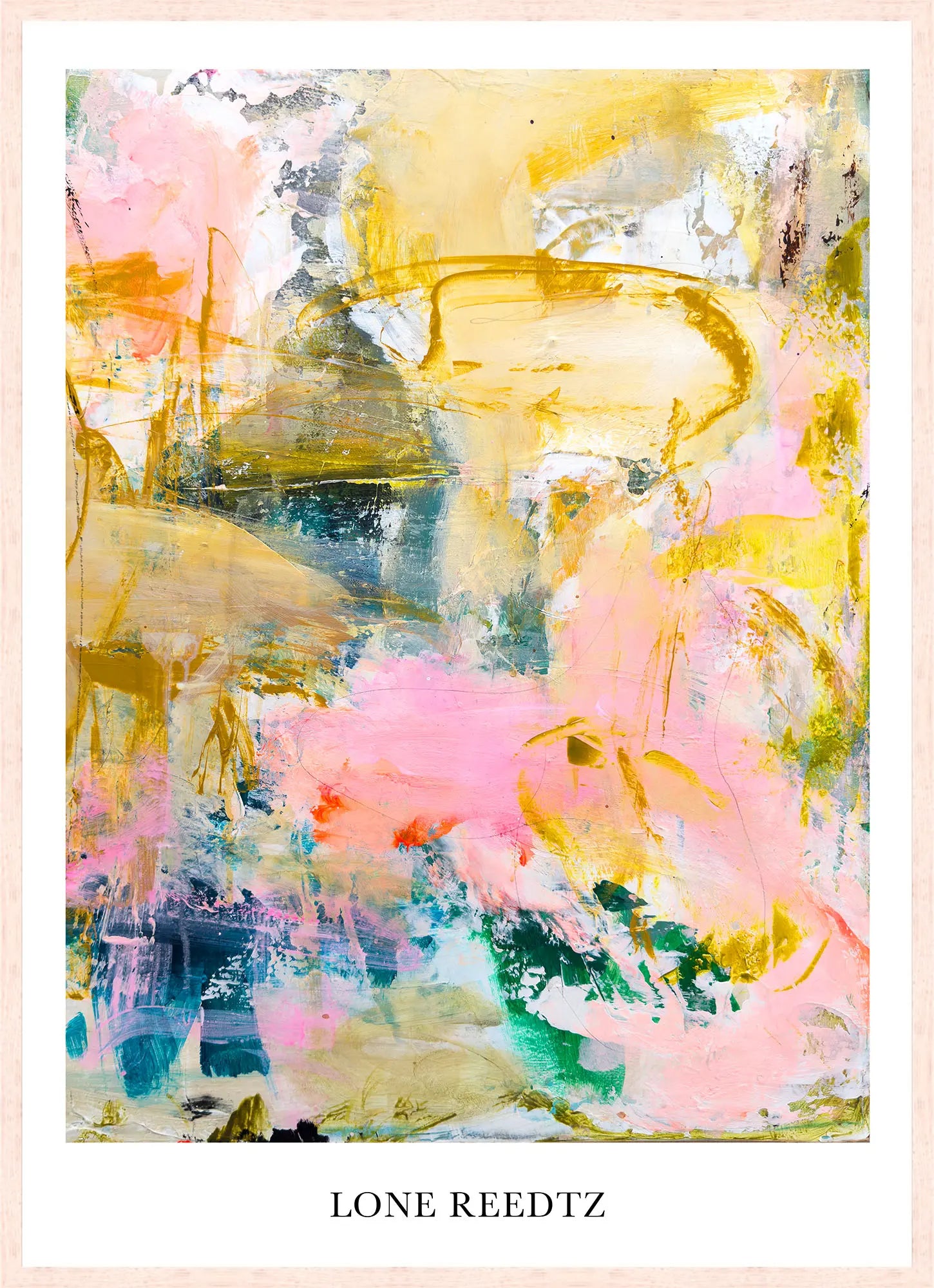 Stille sol – Abstrakt kunsttryk af Lone Reedtz by Lone Reedtz , Abstrakt ekspressiv kunstplakat 70 x 50 cm Kunsttryk + Ramme