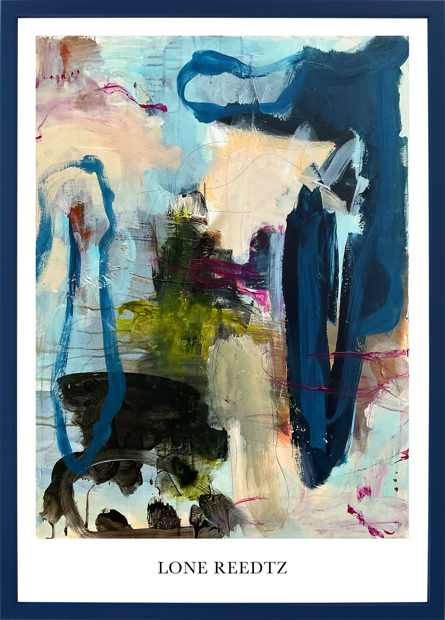 Abstrakt kunstplakat, 62x44 cm, "Touch the sky" - Limited Edition by Lone Reedtz , Abstrakt ekspressiv kunstplakat Mørkeblå træramme